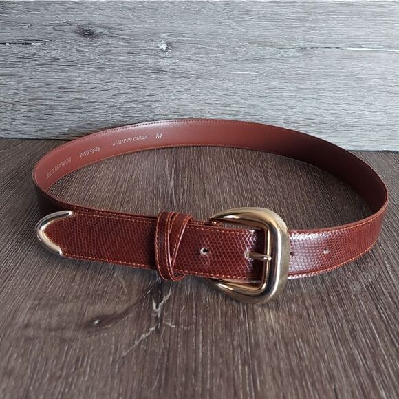 Brown Lizard Print Split Leather Belt with Gold Buckle Medium - Picture 1 of 5